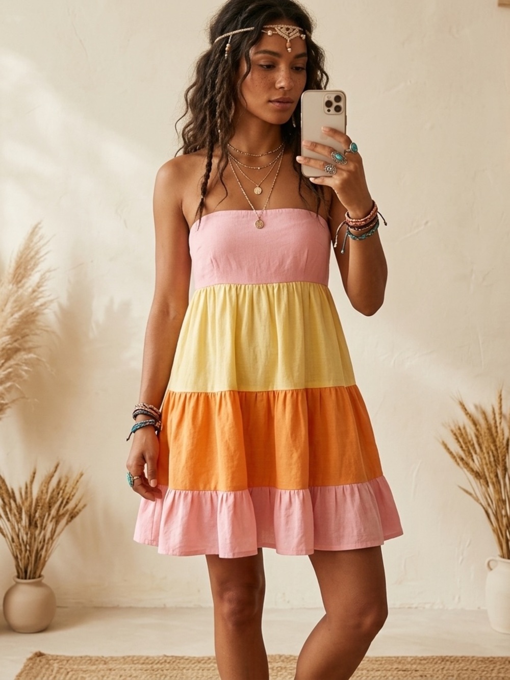 NWT Sabo Strapless Tiered Babydoll Mini Dress Sz 6 Colorblock Cotton Slub Boho